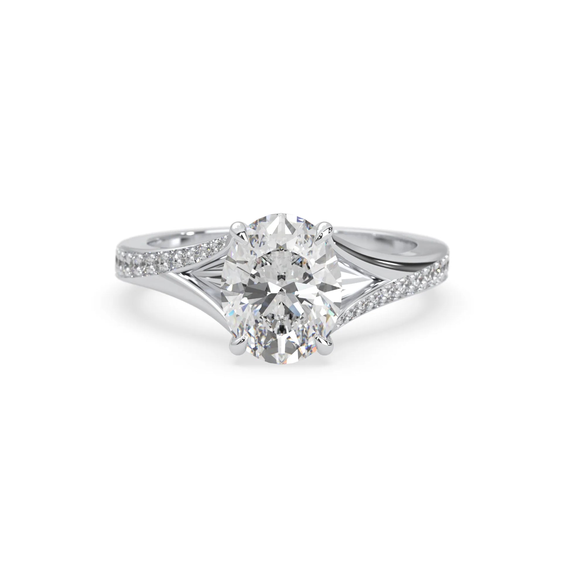 Oval cut lab grown diamond split shank engagement ring with diamond accented band in yellow gold