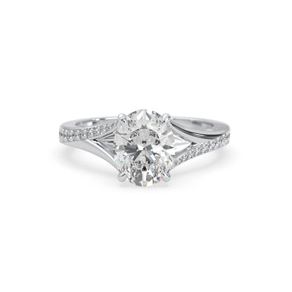 Oval cut lab grown diamond split shank engagement ring with diamond accented band in yellow gold