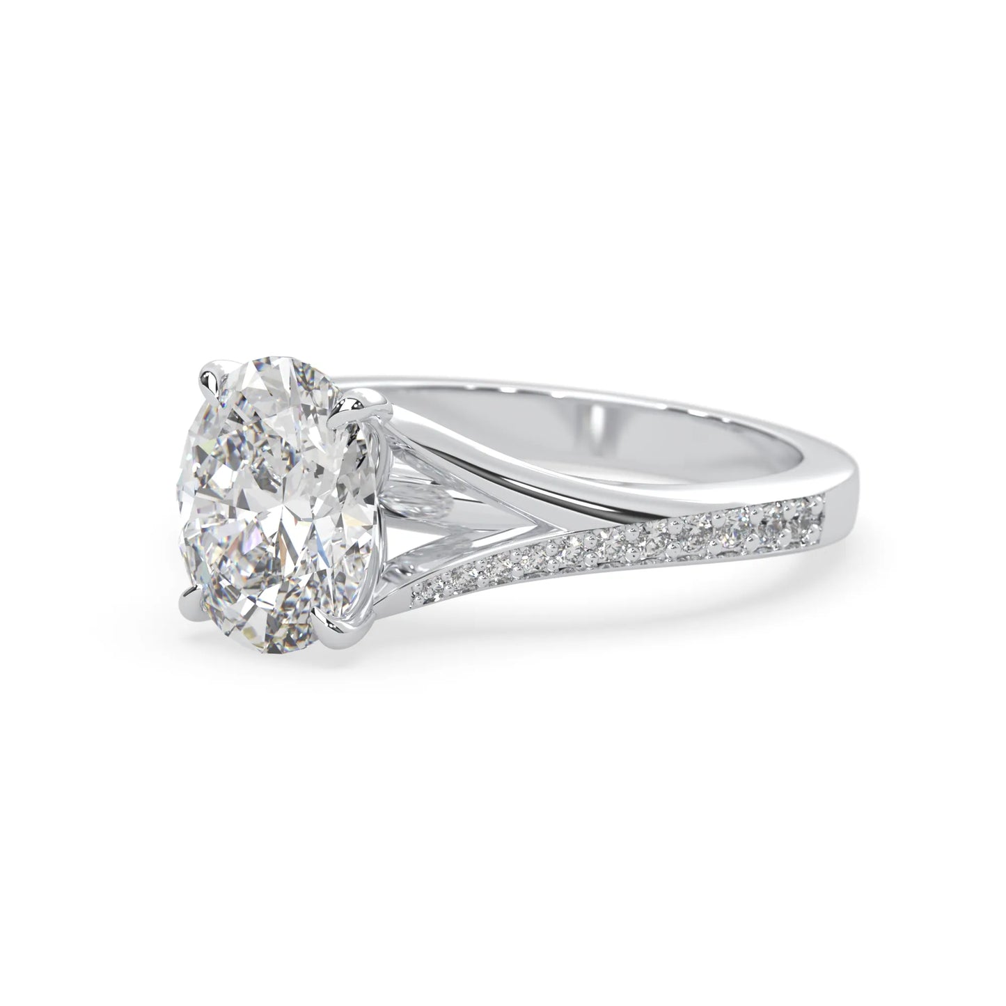 Oval cut lab grown diamond split shank engagement ring with diamond accented band in white gold