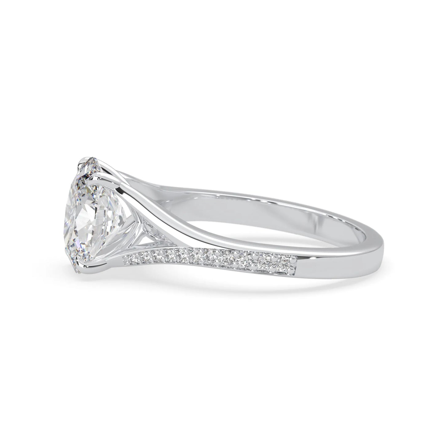 Oval cut lab grown diamond split shank engagement ring with diamond accented band in white gold
