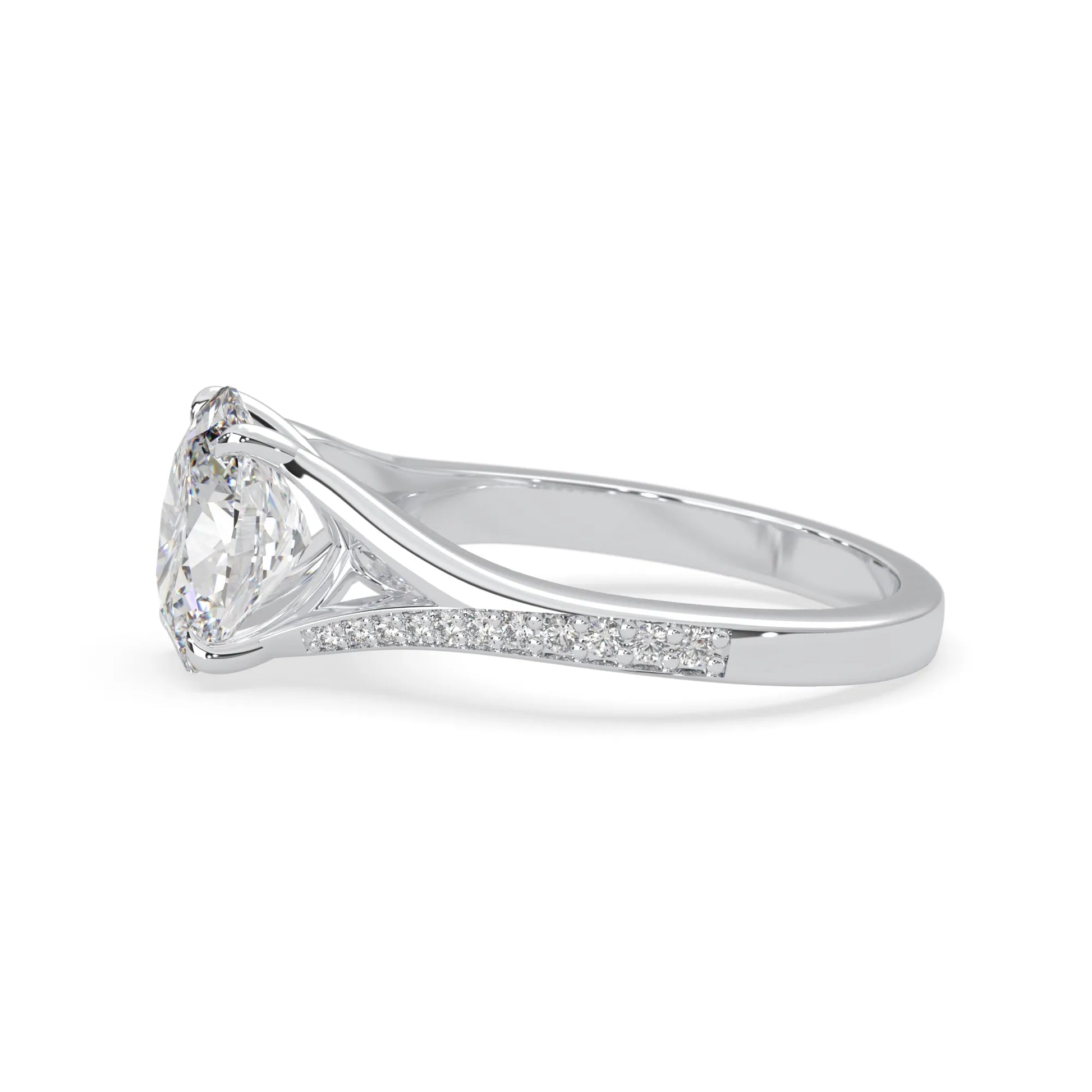 Oval cut lab grown diamond split shank engagement ring with diamond accented band in white gold
