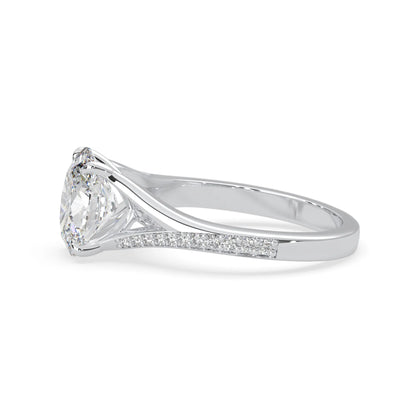 Oval cut lab grown diamond split shank engagement ring with diamond accented band in white gold