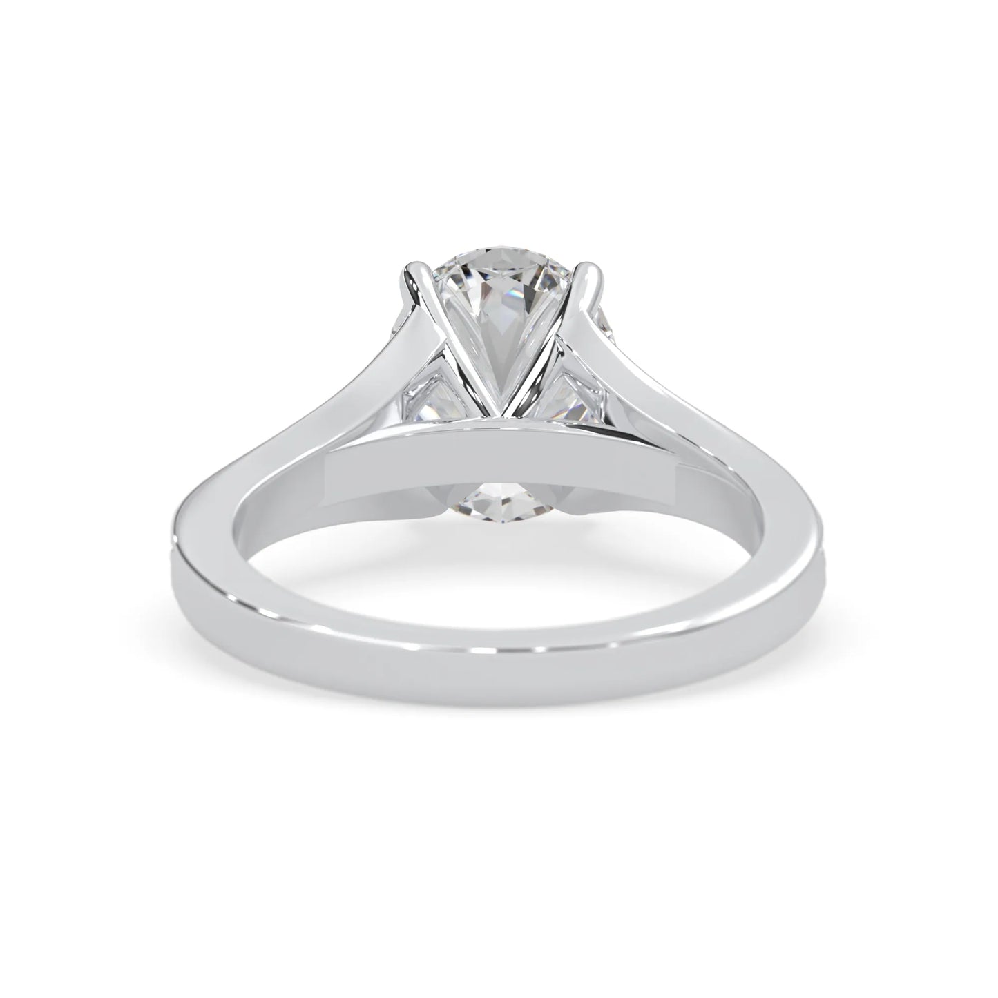 Oval cut lab grown diamond split shank engagement ring with diamond accented band in white gold