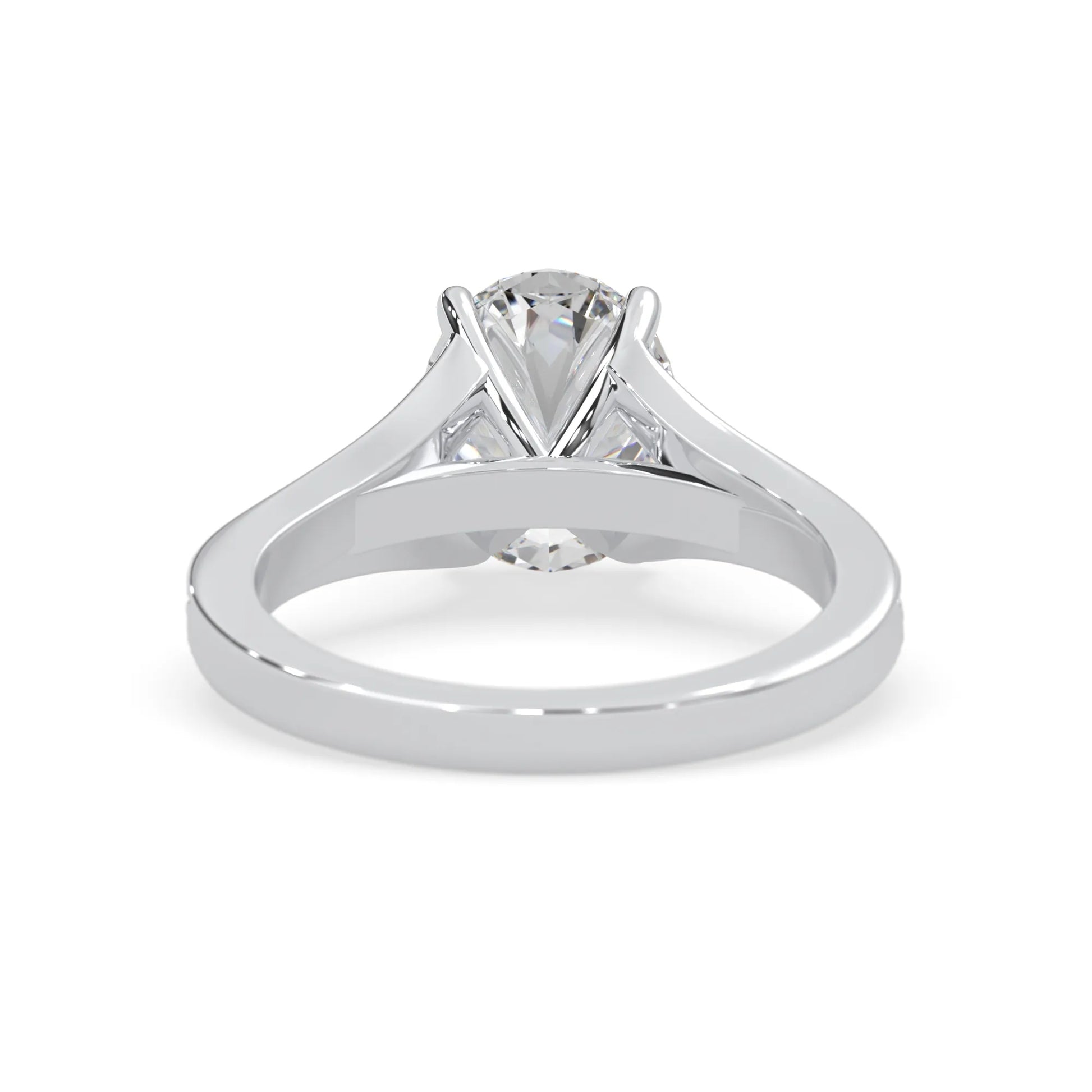 Oval cut lab grown diamond split shank engagement ring with diamond accented band in white gold