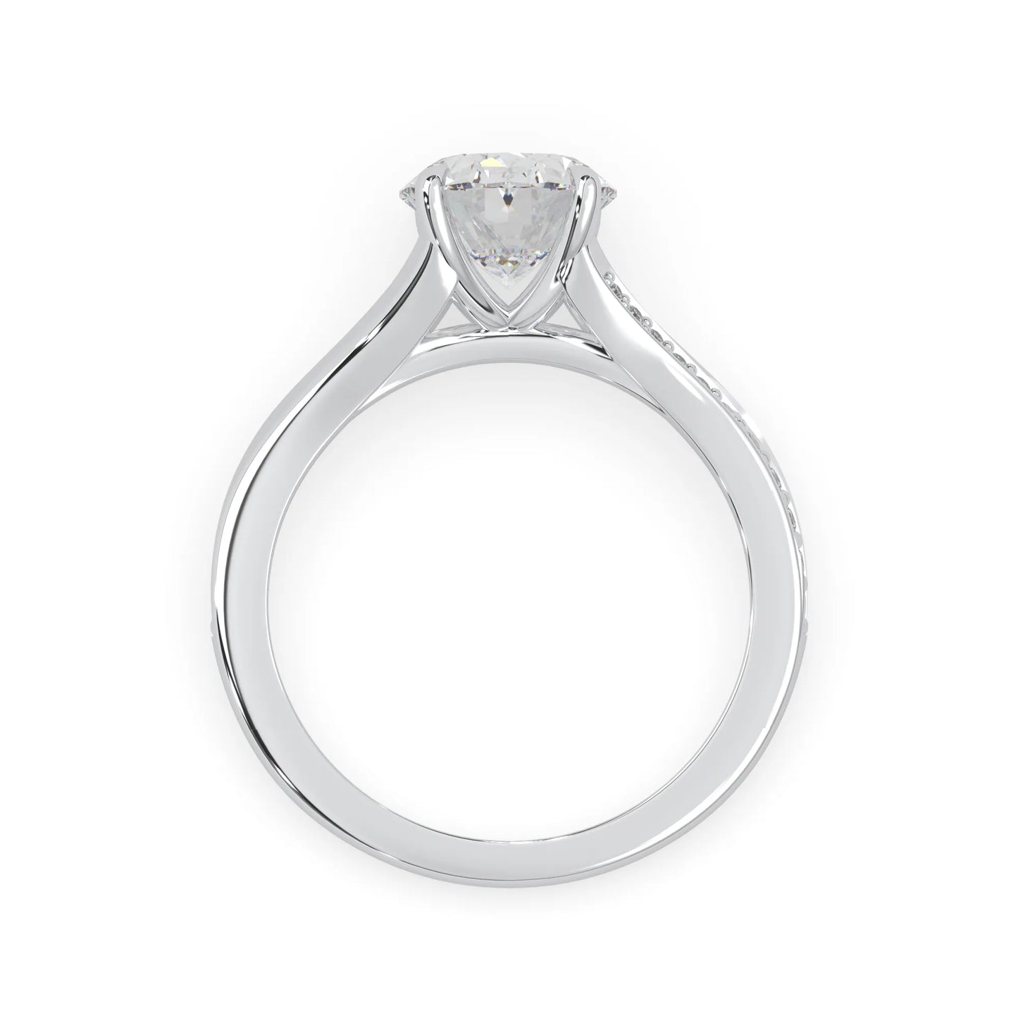 Oval cut lab grown diamond split shank engagement ring with diamond accented band in white gold
