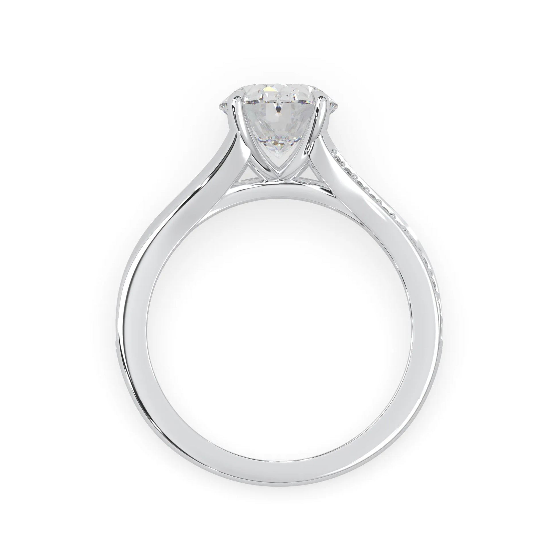 Oval cut lab grown diamond split shank engagement ring with diamond accented band in white gold