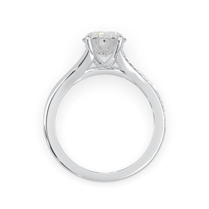 Oval cut lab grown diamond split shank engagement ring with diamond accented band in white gold