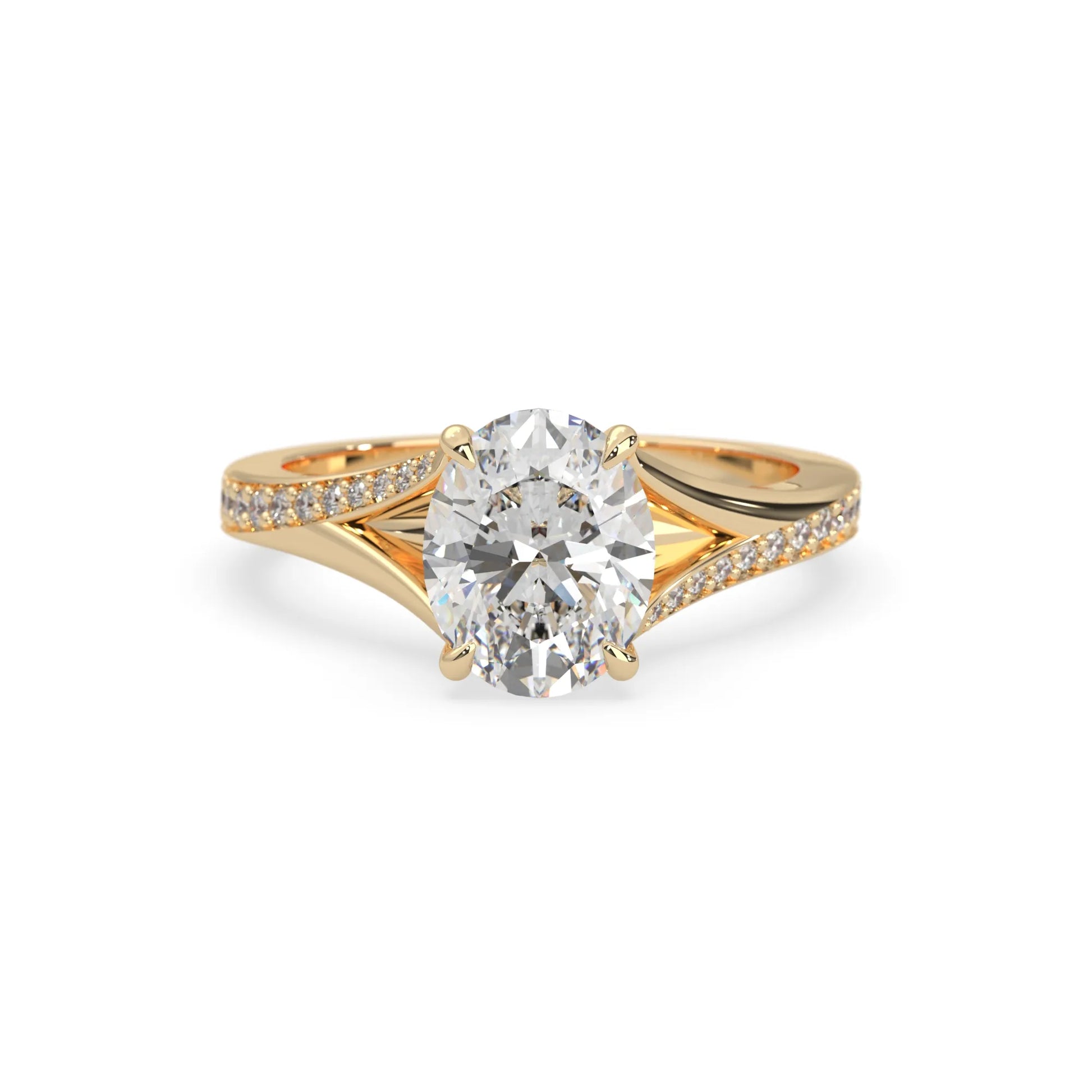 Oval cut lab grown diamond split shank engagement ring with diamond accented band in yellow gold