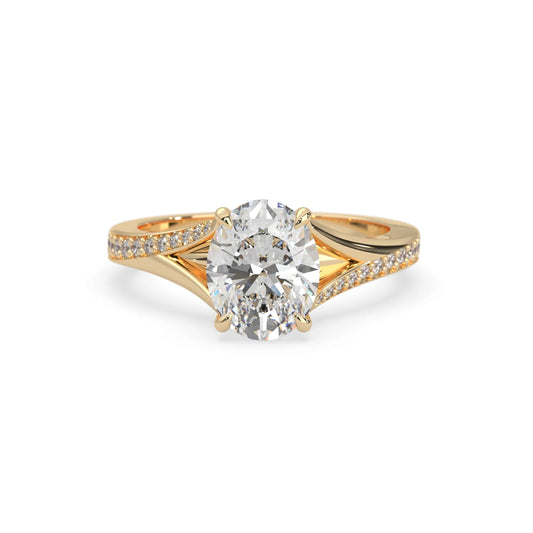 Oval cut lab grown diamond split shank engagement ring with diamond accented band in yellow gold
