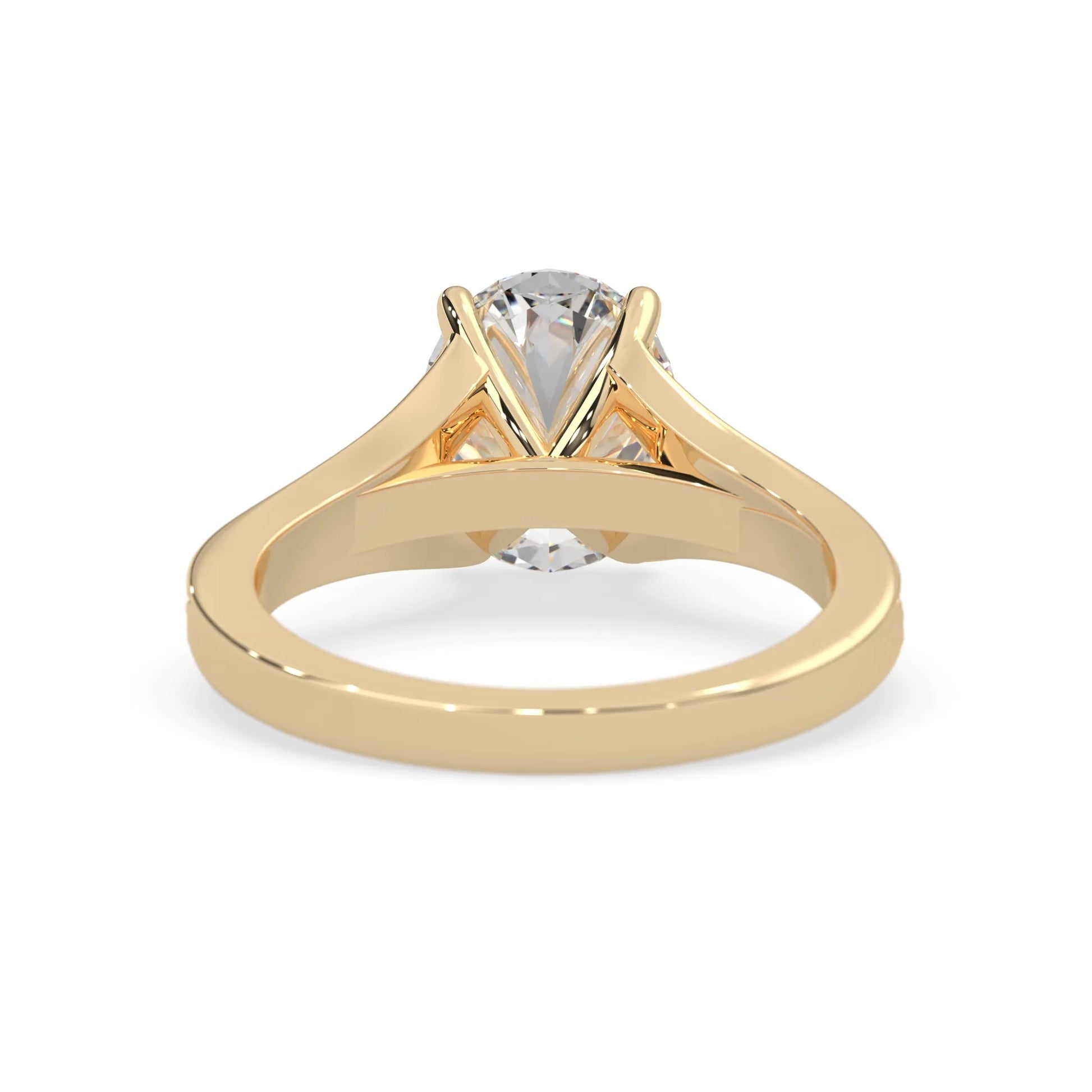 Oval cut lab grown diamond split shank engagement ring with diamond accented band in yellow gold