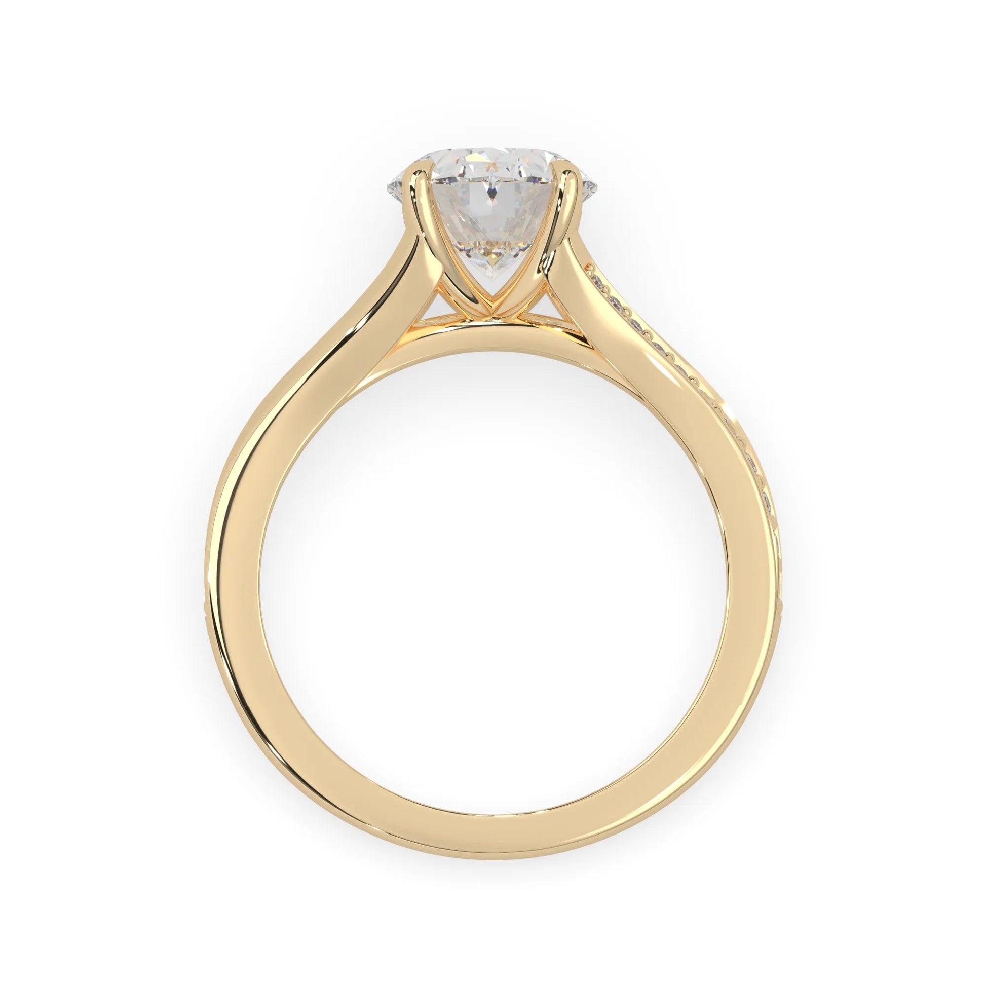 Oval cut lab grown diamond split shank engagement ring with diamond accented band in yellow gold