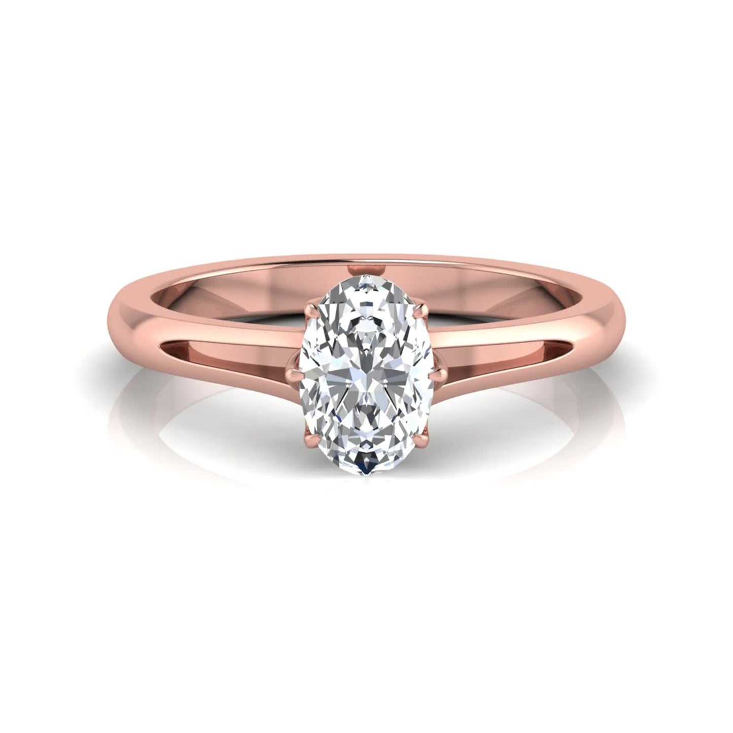 Oval cut lab grown diamond solitaire engagement ring featuring a four-prong setting and elegant split shank band in rose gold tone.