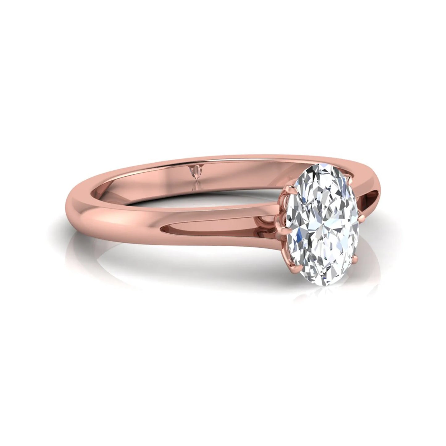 Oval cut lab grown diamond solitaire engagement ring featuring a four-prong setting and elegant split shank band in rose gold tone.