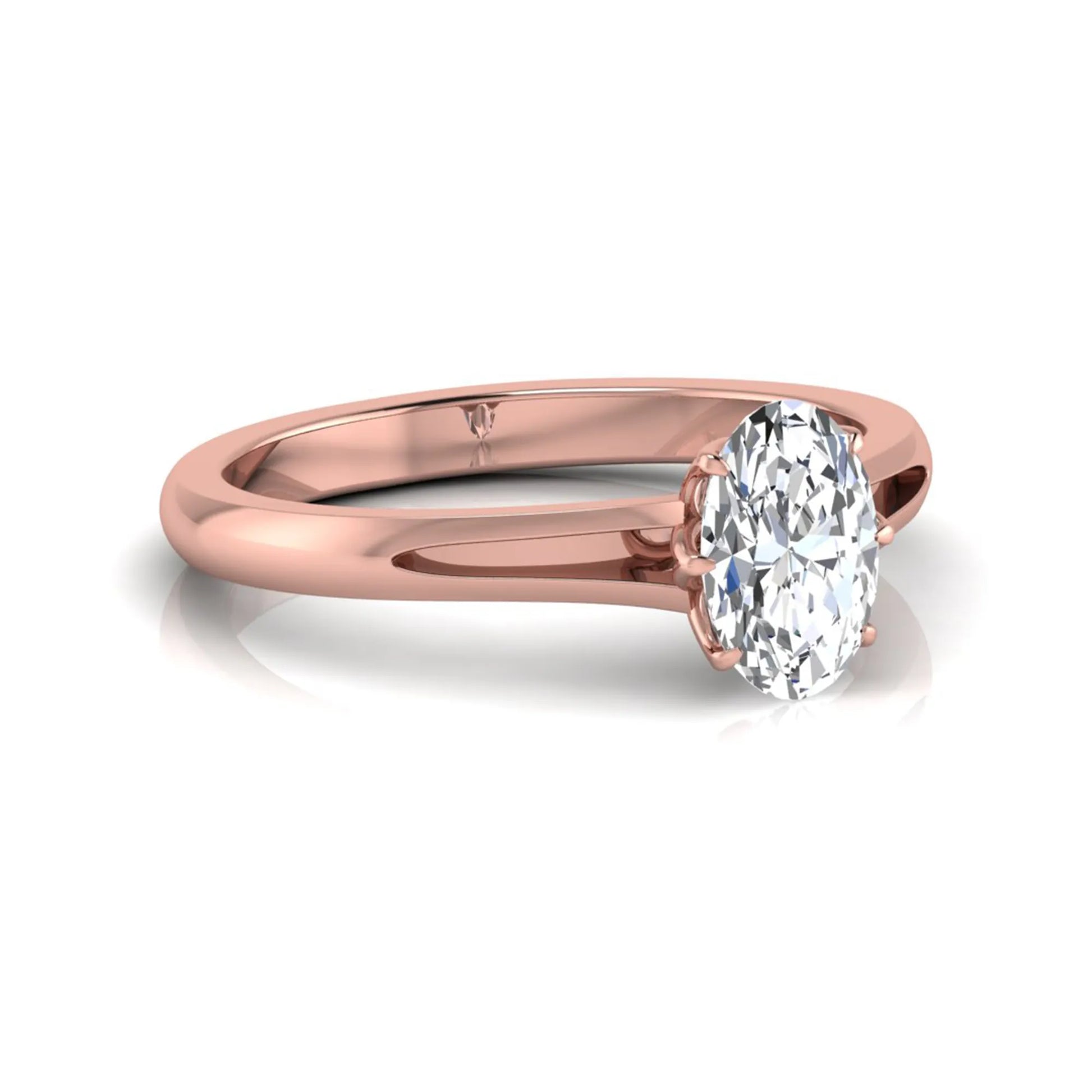 Oval cut lab grown diamond solitaire engagement ring featuring a four-prong setting and elegant split shank band in rose gold tone.
