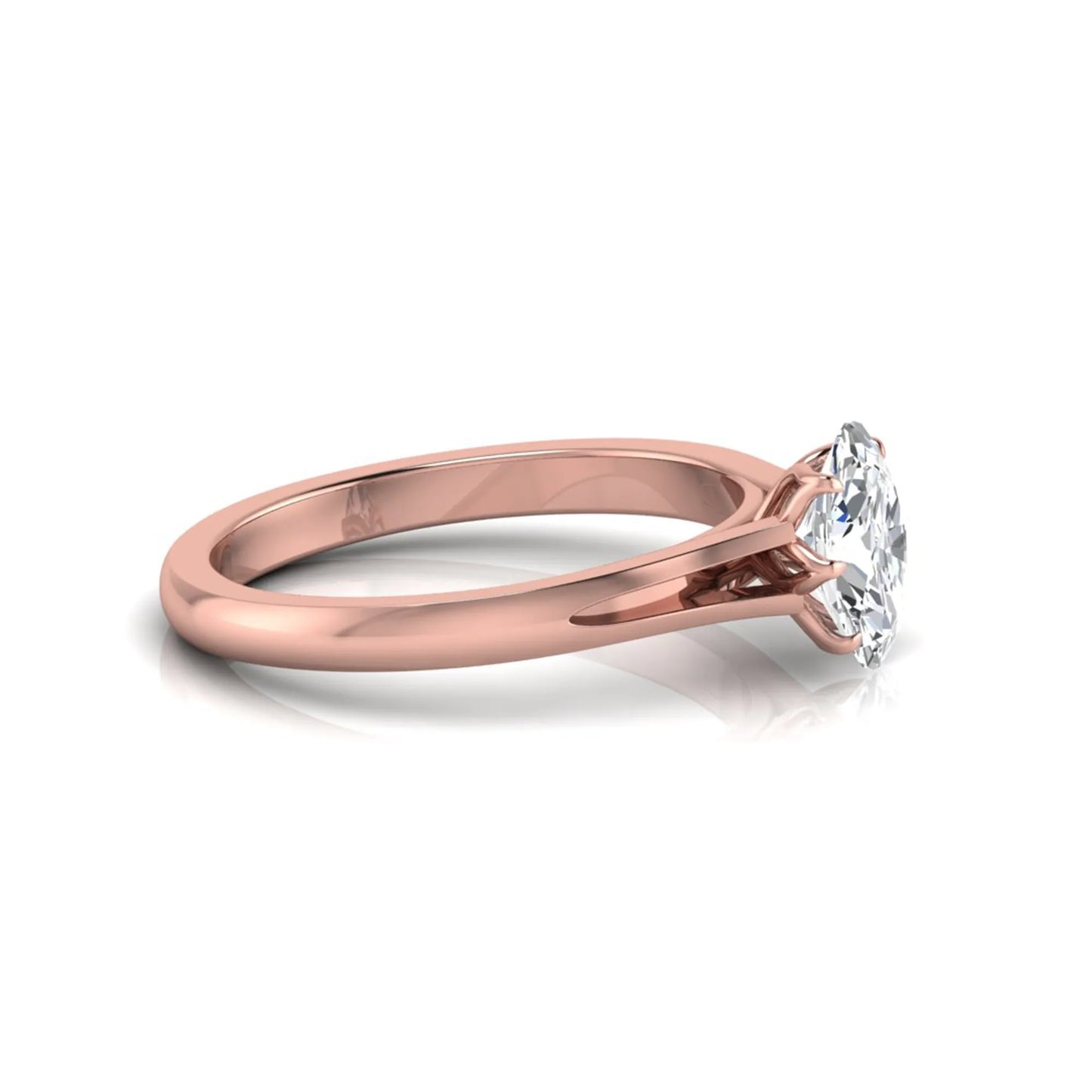 Oval cut lab grown diamond solitaire engagement ring featuring a four-prong setting and elegant split shank band in rose gold tone.