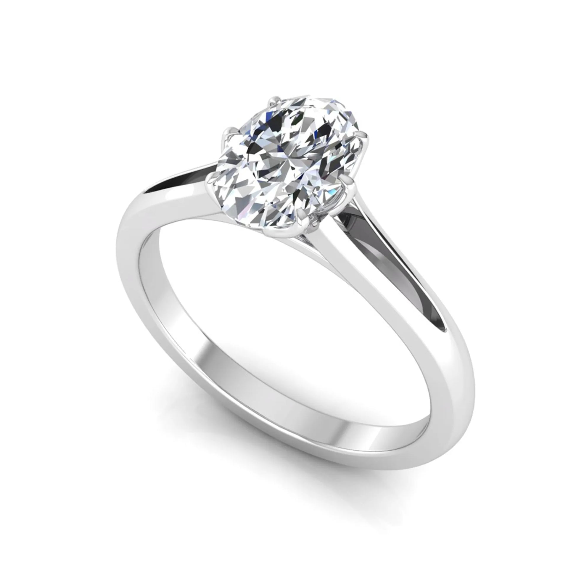 Oval cut lab grown diamond solitaire engagement ring featuring a four-prong setting and elegant split shank band in white gold tone.