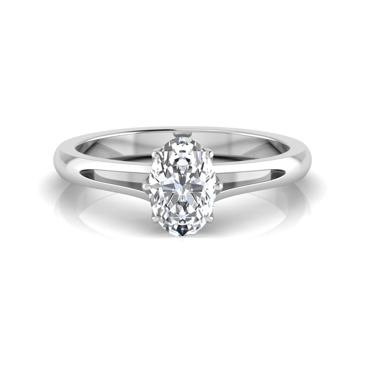 Oval cut lab grown diamond solitaire engagement ring featuring a four-prong setting and elegant split shank band in white gold tone.