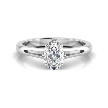 Oval cut lab grown diamond solitaire engagement ring featuring a four-prong setting and elegant split shank band in white gold tone.
