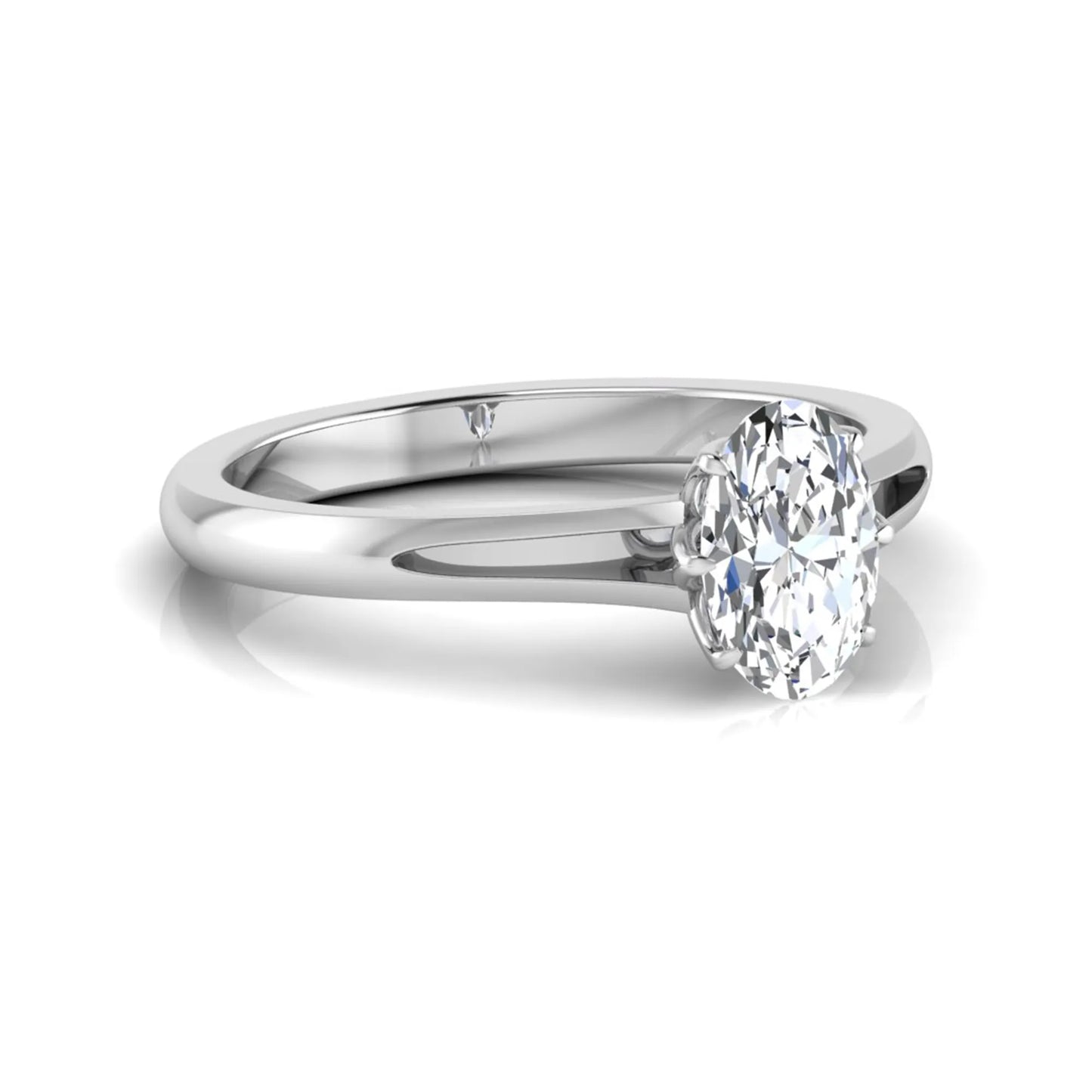 Oval cut lab grown diamond solitaire engagement ring featuring a four-prong setting and elegant split shank band in white gold tone.