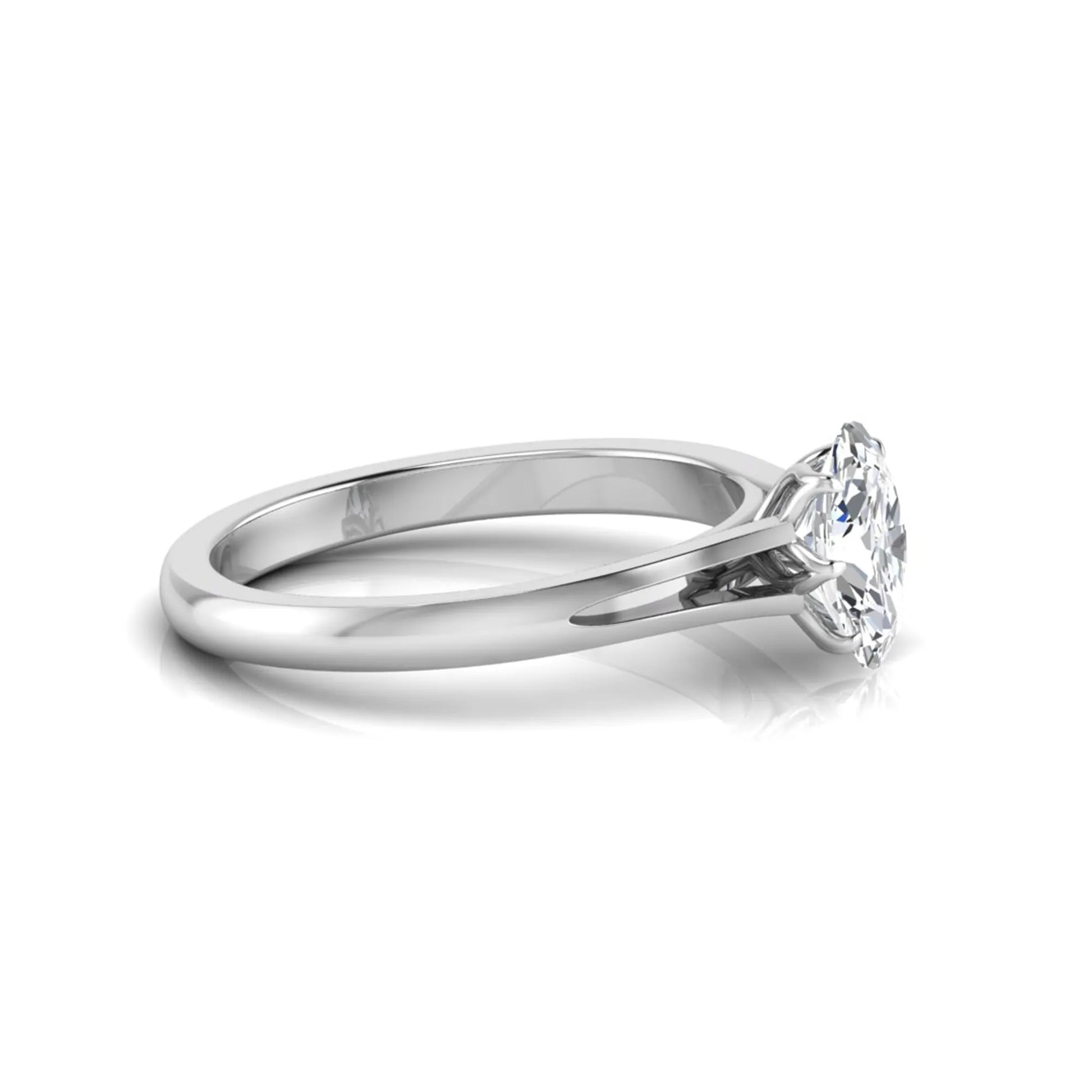 Oval cut lab grown diamond solitaire engagement ring featuring a four-prong setting and elegant split shank band in white gold tone.