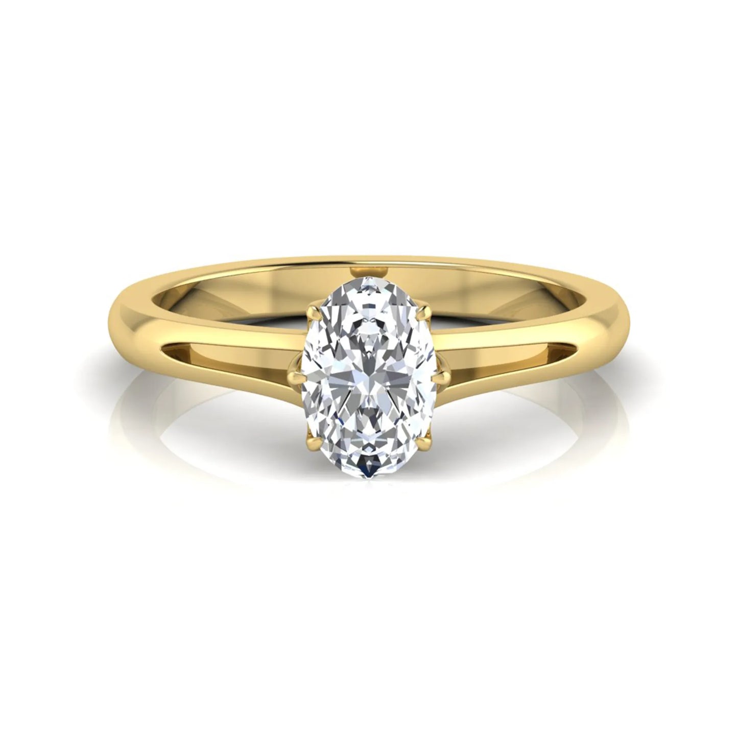 Oval cut lab grown diamond solitaire engagement ring featuring a four-prong setting and elegant split shank band in yellow gold tone.