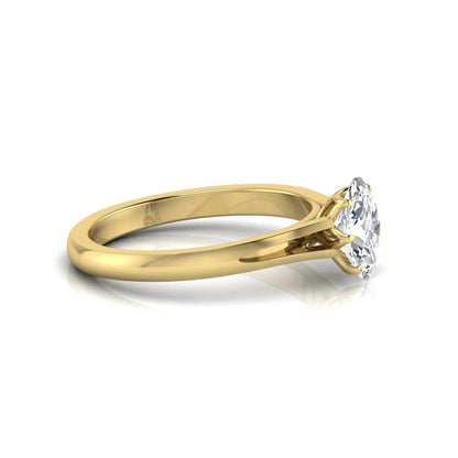 Oval cut lab grown diamond solitaire engagement ring featuring a four-prong setting and elegant split shank band in yellow gold tone.