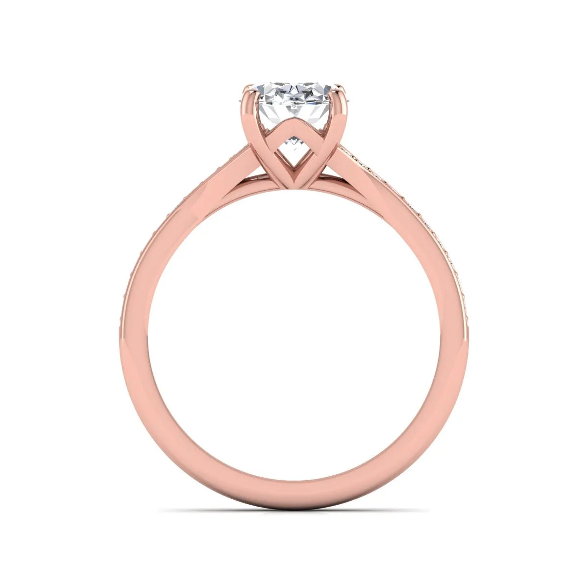 Oval cut lab grown diamond split shank pavé engagement ring with four-prong setting and rose gold tone band.