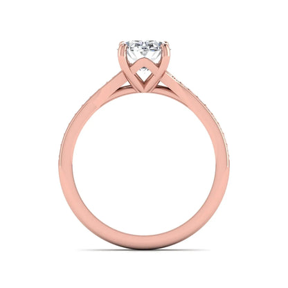 Oval cut lab grown diamond split shank pavé engagement ring with four-prong setting and rose gold tone band.