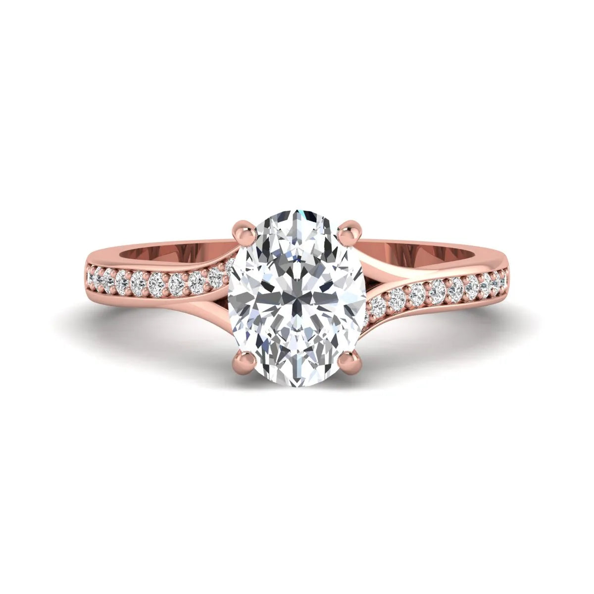 Oval cut lab grown diamond split shank pavé engagement ring with four-prong setting and rose gold tone band.