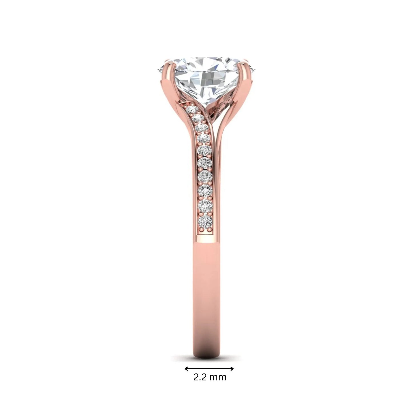 Oval cut lab grown diamond split shank pavé engagement ring with four-prong setting and rose gold tone band.