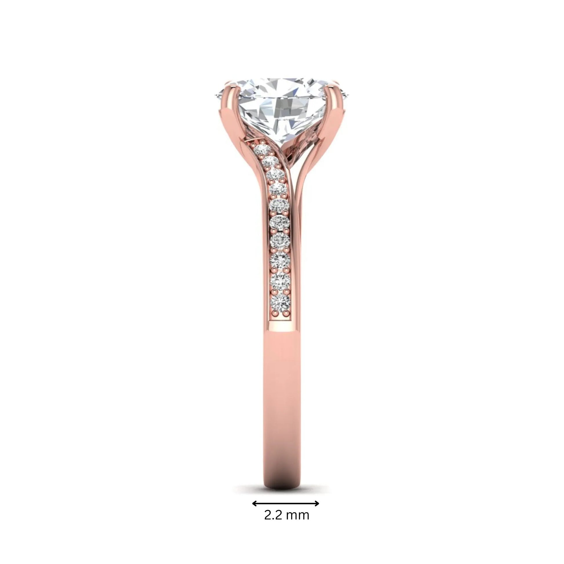 Oval cut lab grown diamond split shank pavé engagement ring with four-prong setting and rose gold tone band.