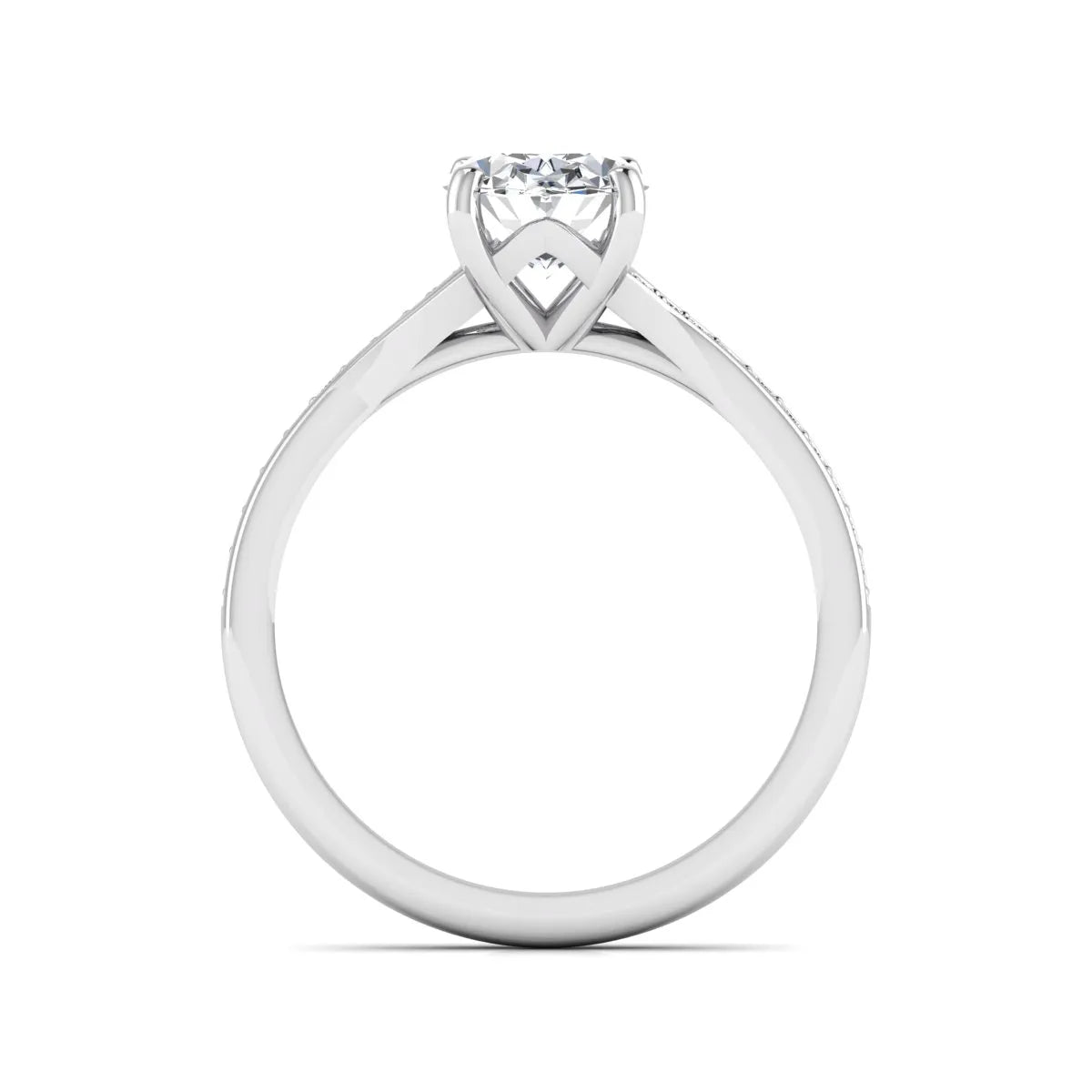 Oval cut lab grown diamond split shank pavé engagement ring with four-prong setting and white gold tone band.