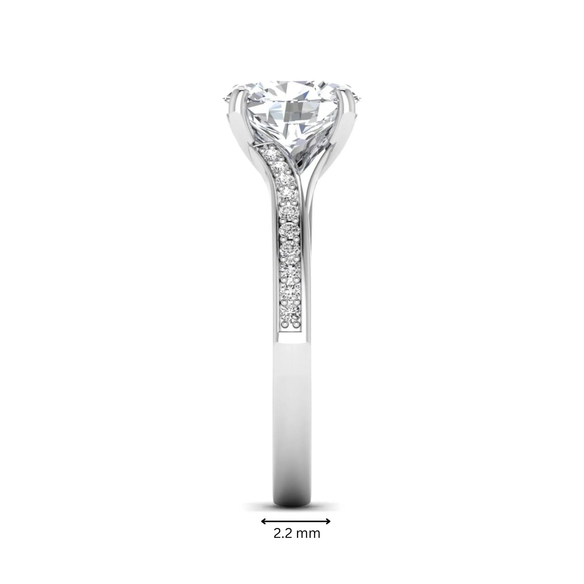 Oval cut lab grown diamond split shank pavé engagement ring with four-prong setting and white gold tone band.