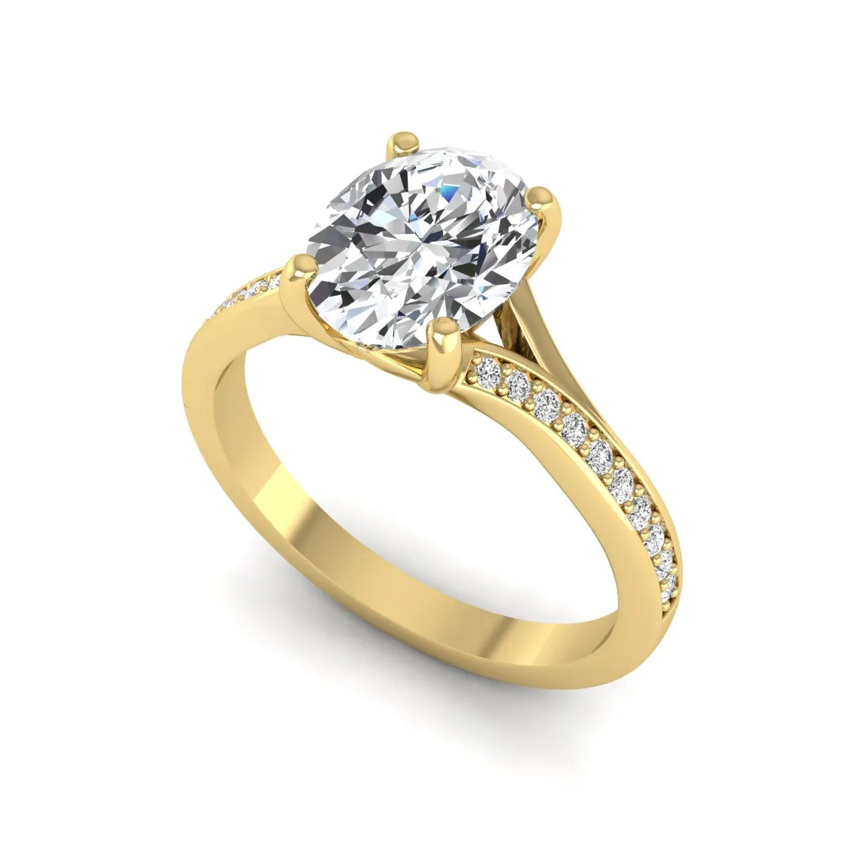 Oval cut lab grown diamond split shank pavé engagement ring with four-prong setting and yellow gold tone band.