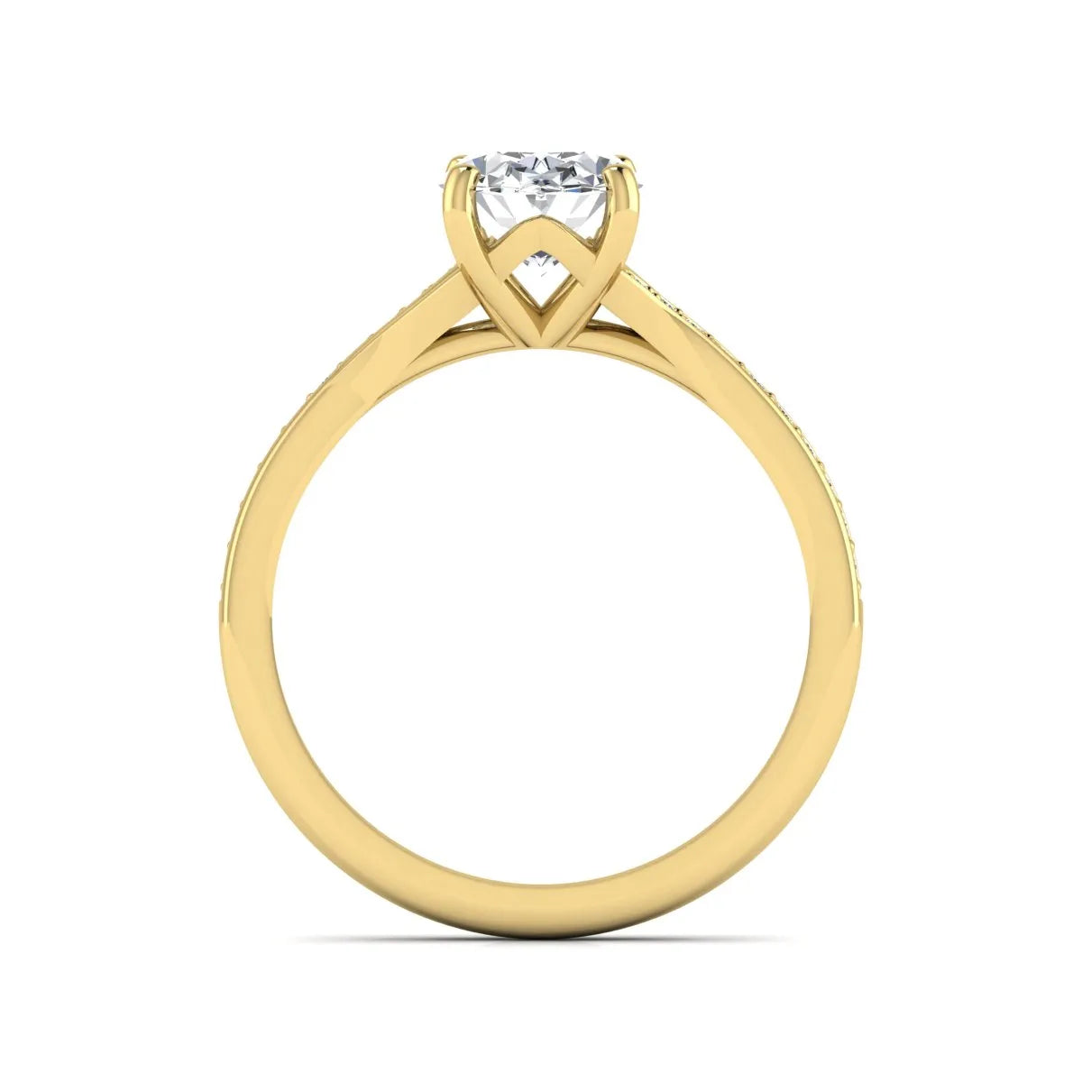 Oval cut lab grown diamond split shank pavé engagement ring with four-prong setting and yellow gold tone band.