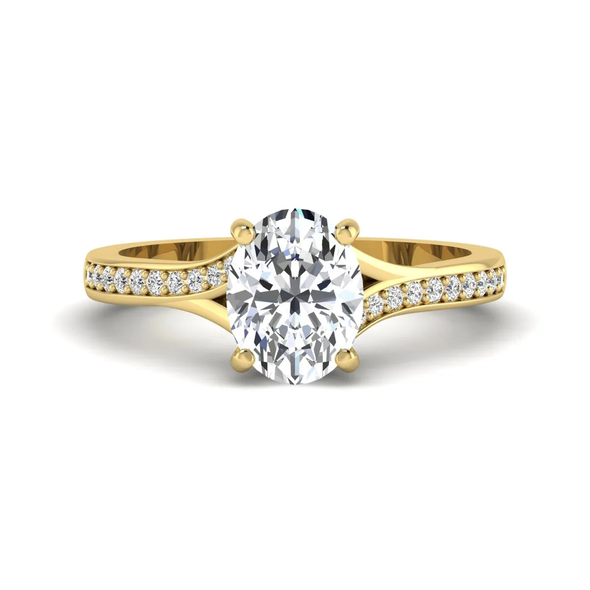 Oval cut lab grown diamond split shank pavé engagement ring with four-prong setting and yellow gold tone band.