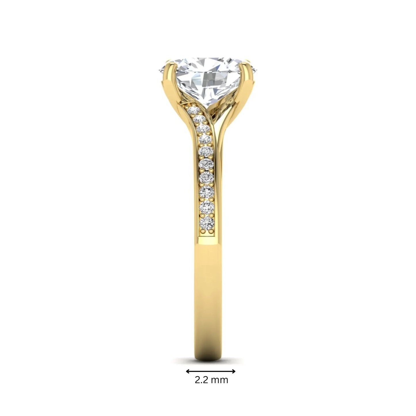 Oval cut lab grown diamond split shank pavé engagement ring with four-prong setting and yellow gold tone band.