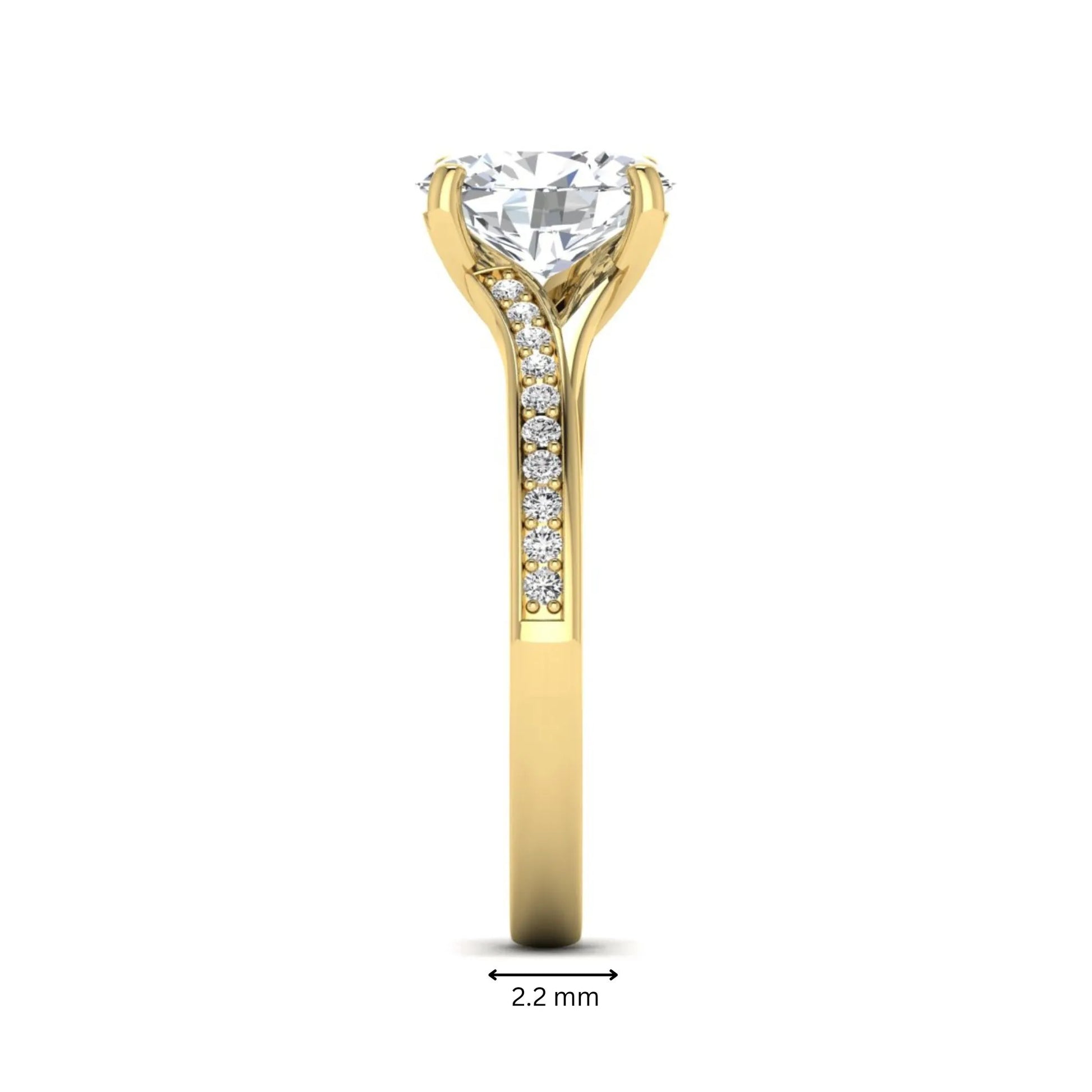 Oval cut lab grown diamond split shank pavé engagement ring with four-prong setting and yellow gold tone band.