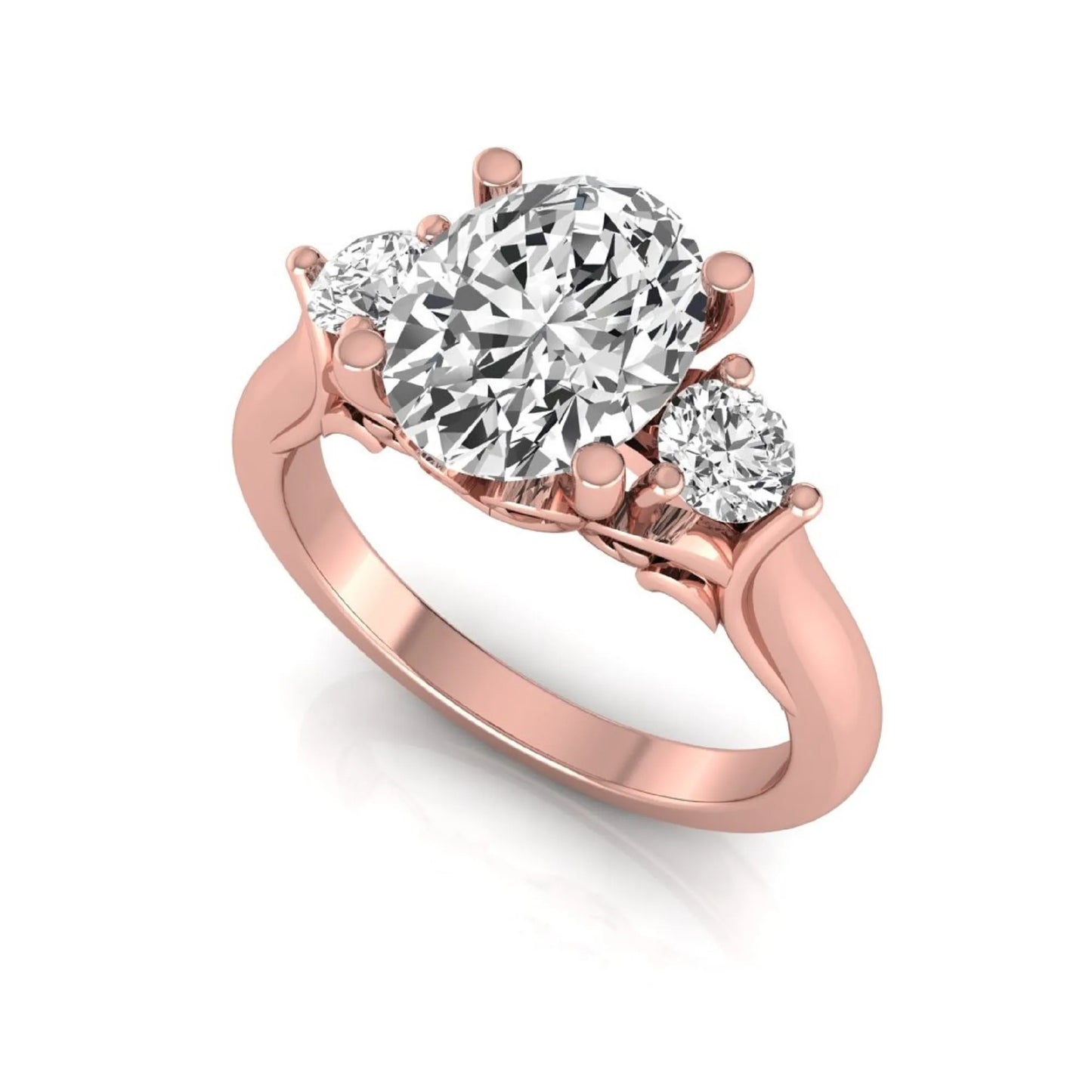 Oval cut lab grown diamond three stone engagement ring featuring a 1.86 carat IGI certified center diamond with round side diamonds in yellow gold.