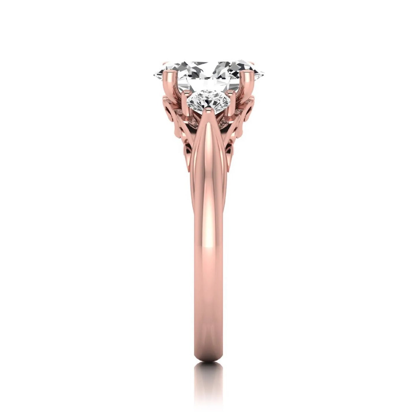 Oval cut lab grown diamond three stone engagement ring featuring a 1.86 carat IGI certified center diamond with round side diamonds in yellow gold.