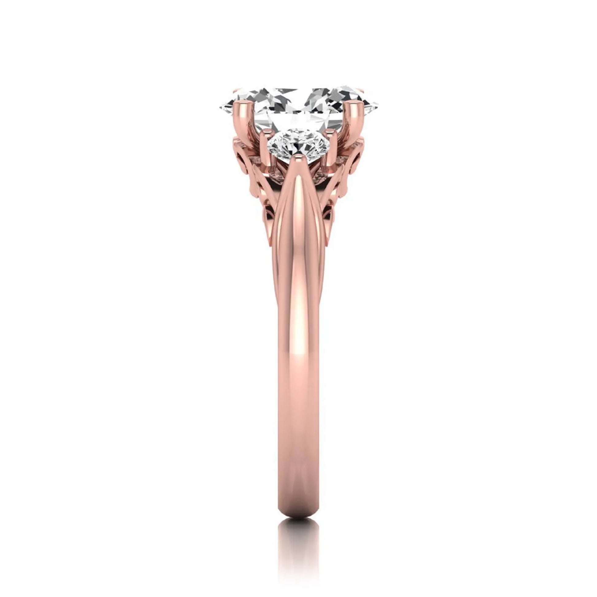 Oval cut lab grown diamond three stone engagement ring featuring a 1.86 carat IGI certified center diamond with round side diamonds in yellow gold.