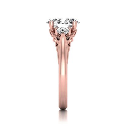 Oval cut lab grown diamond three stone engagement ring featuring a 1.86 carat IGI certified center diamond with round side diamonds in yellow gold.