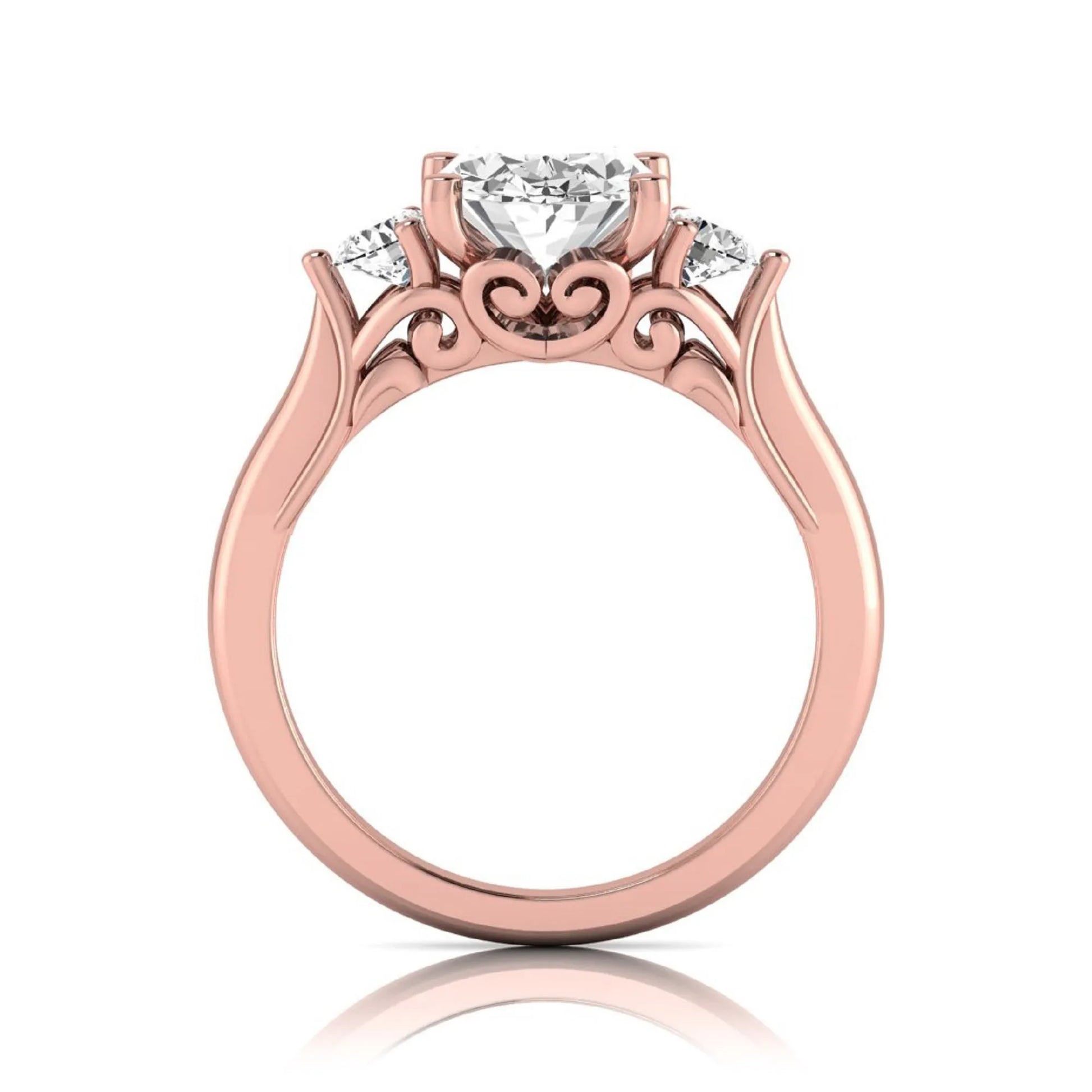 Oval cut lab grown diamond three stone engagement ring featuring a 1.86 carat IGI certified center diamond with round side diamonds in yellow gold.