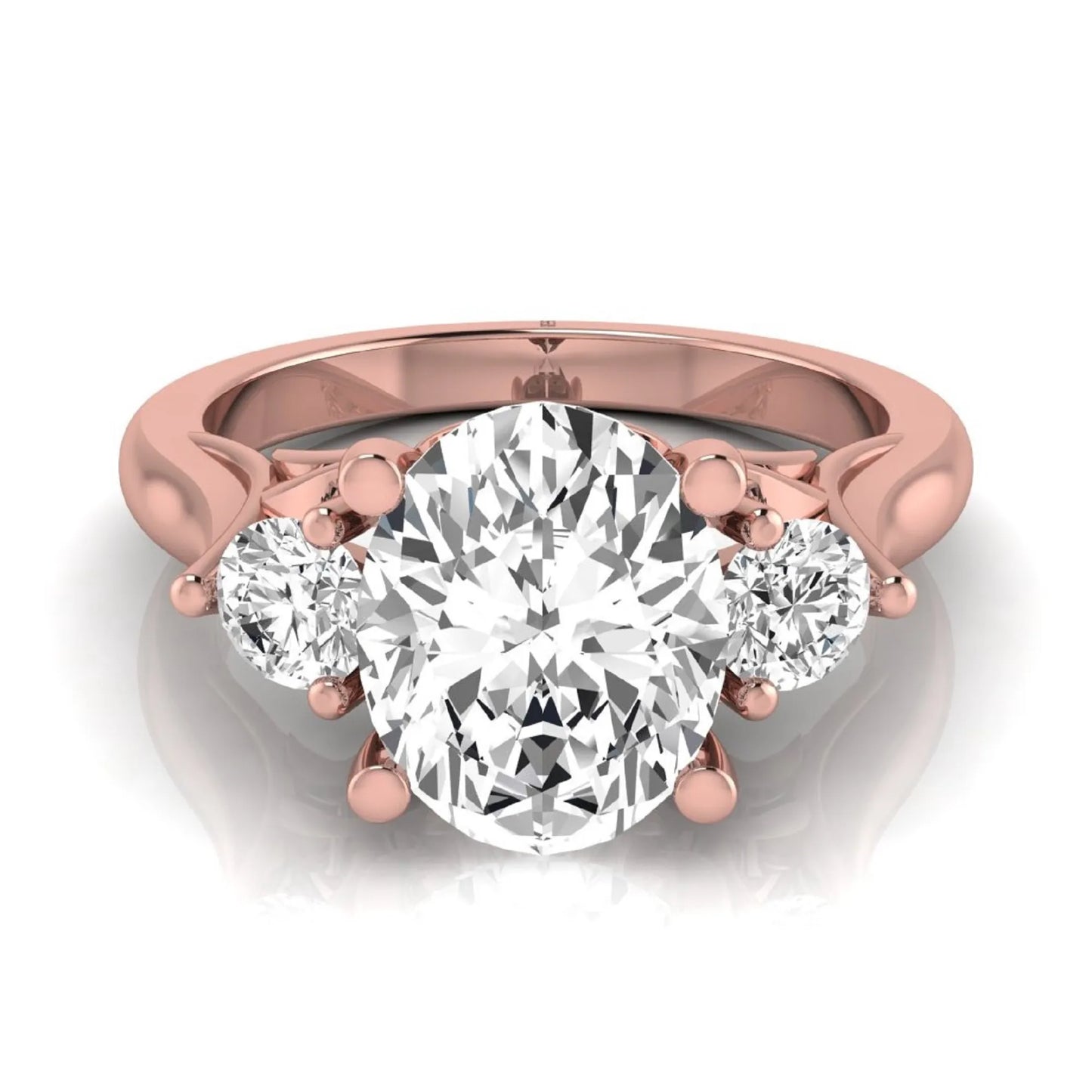 Oval cut lab grown diamond three stone engagement ring featuring a 1.86 carat IGI certified center diamond with round side diamonds in yellow gold.