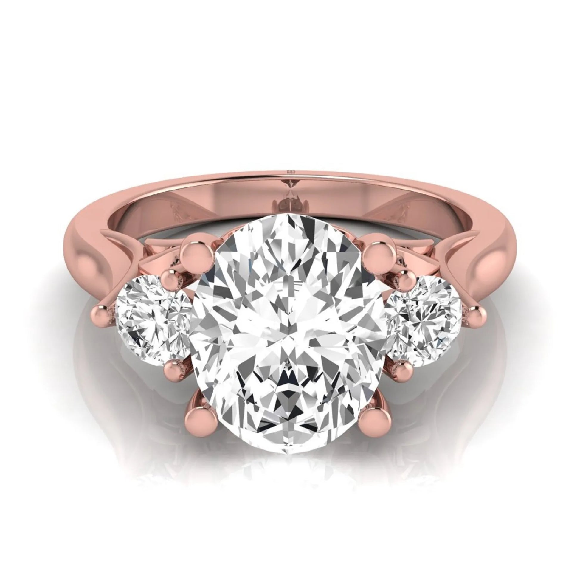 Oval cut lab grown diamond three stone engagement ring featuring a 1.86 carat IGI certified center diamond with round side diamonds in yellow gold.