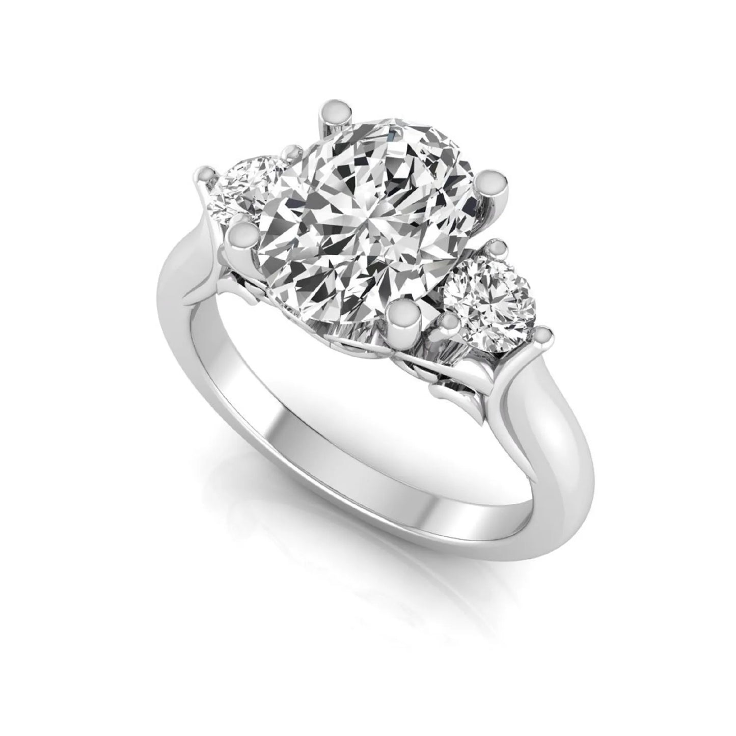 Oval cut lab grown diamond three stone engagement ring featuring a 1.86 carat IGI certified center diamond with round side diamonds in yellow gold.