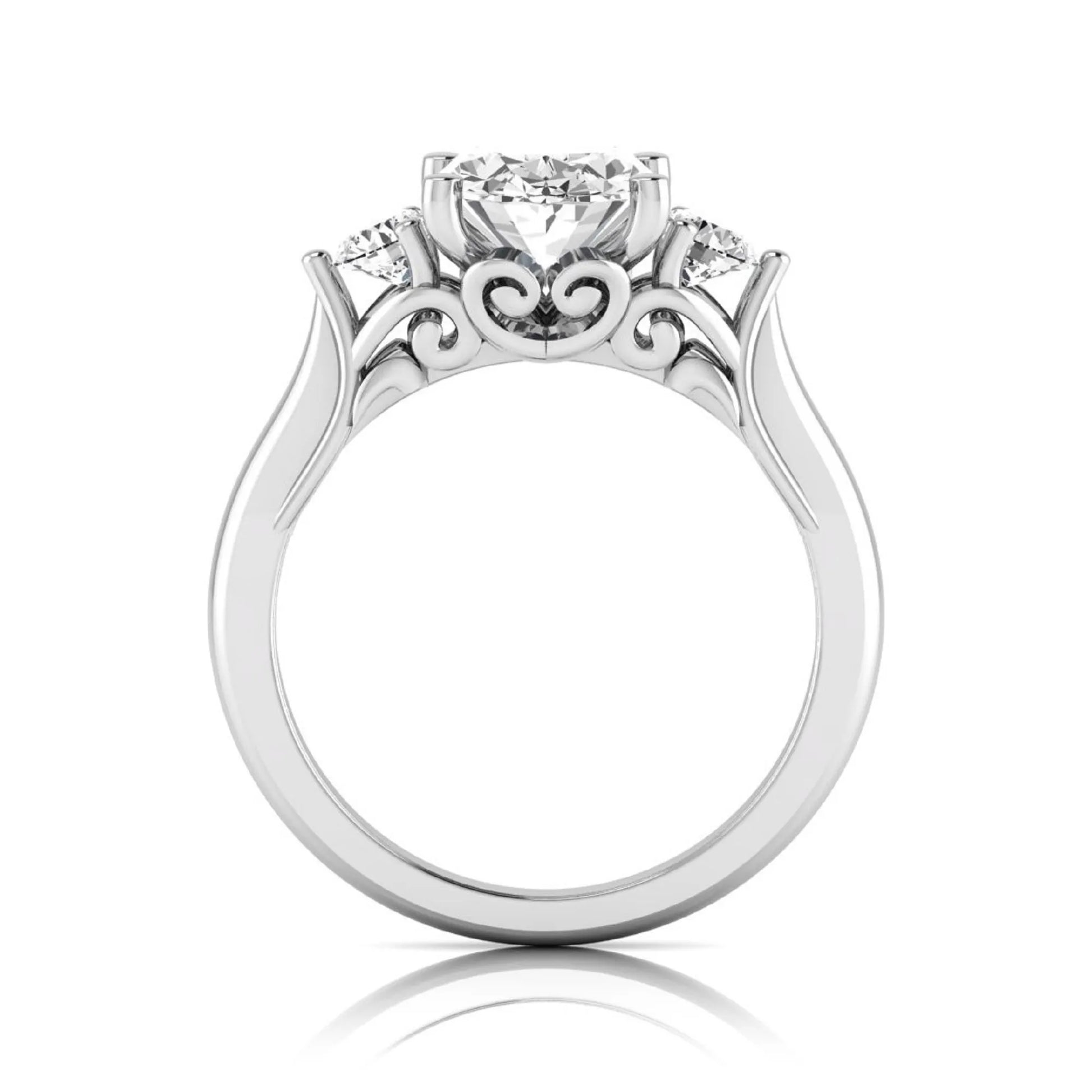 Oval cut lab grown diamond three stone engagement ring featuring a 1.86 carat IGI certified center diamond with round side diamonds in yellow gold.