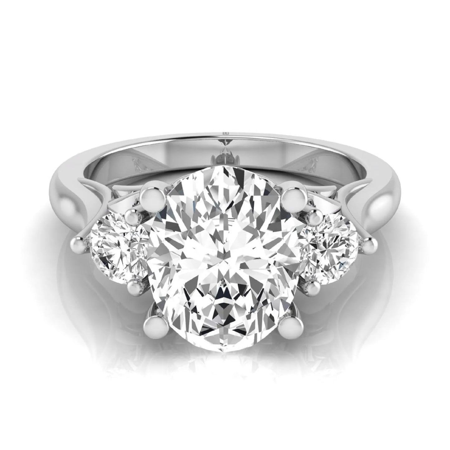 Oval cut lab grown diamond three stone engagement ring featuring a 1.86 carat IGI certified center diamond with round side diamonds in yellow gold.