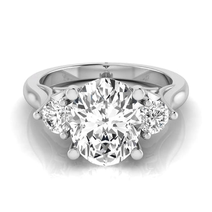 Oval cut lab grown diamond three stone engagement ring featuring a 1.86 carat IGI certified center diamond with round side diamonds in yellow gold.