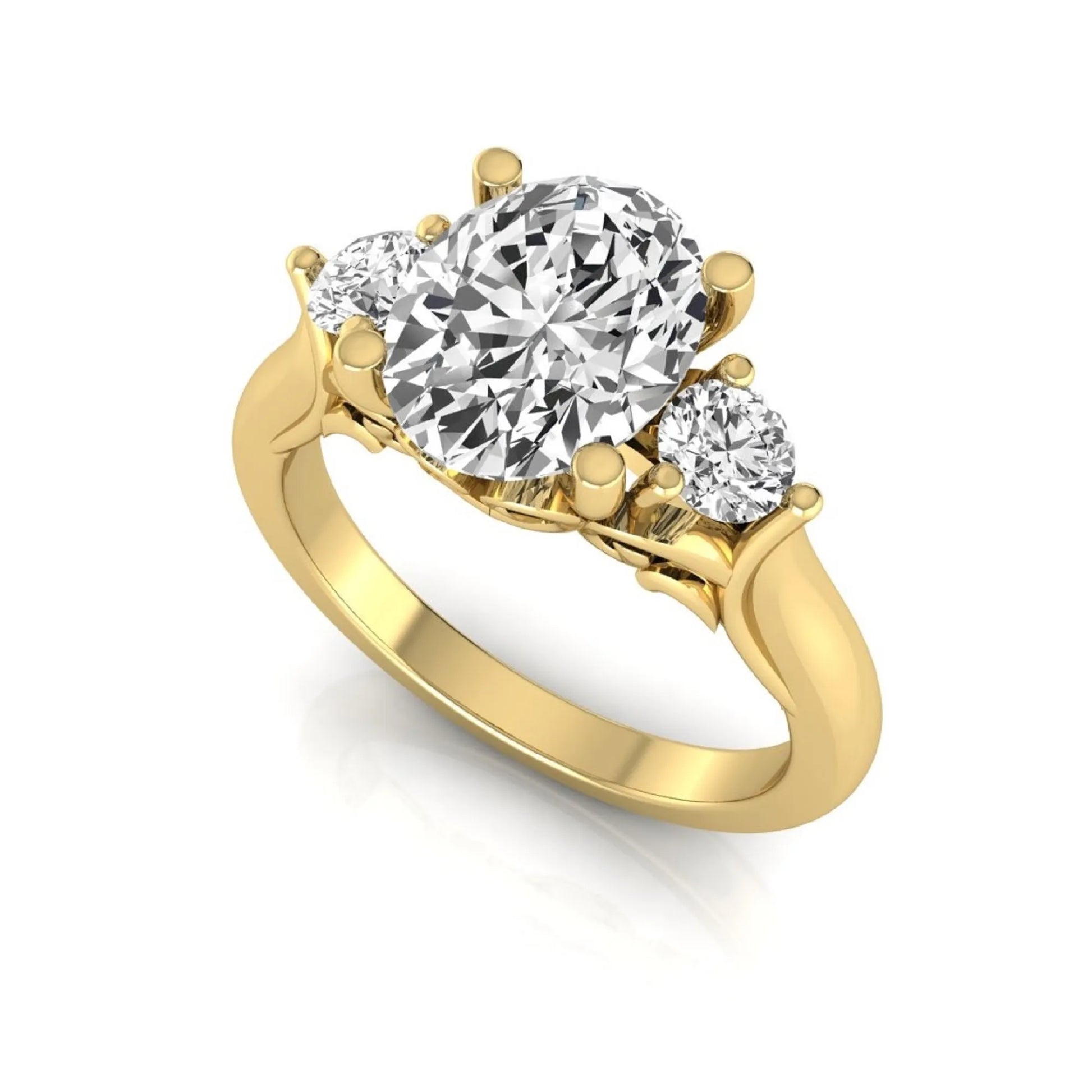 Oval cut lab grown diamond three stone engagement ring featuring a 1.86 carat IGI certified center diamond with round side diamonds in yellow gold.